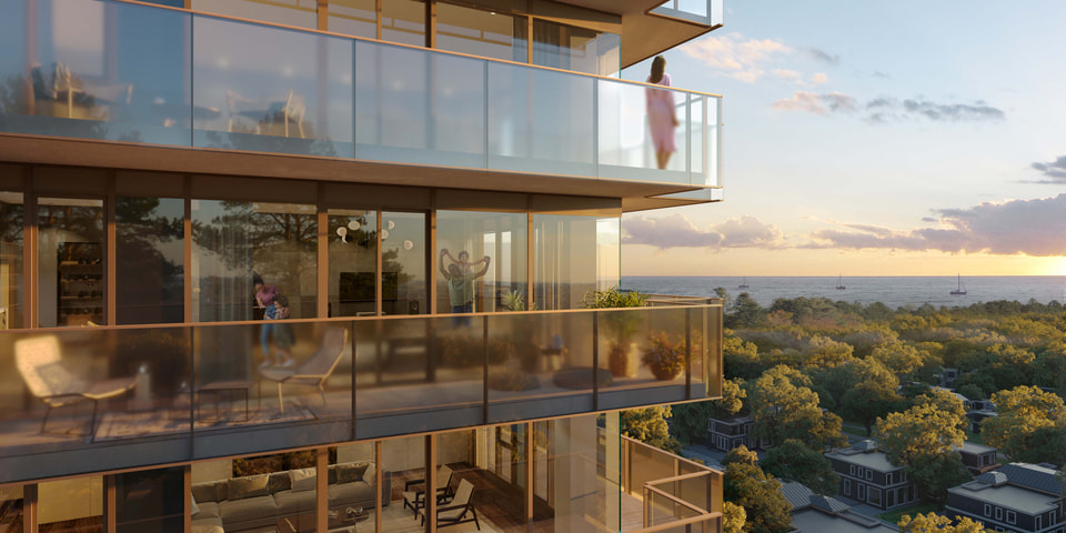 Brightwater residential tower balconies overlooking Lake Ontario at sunset